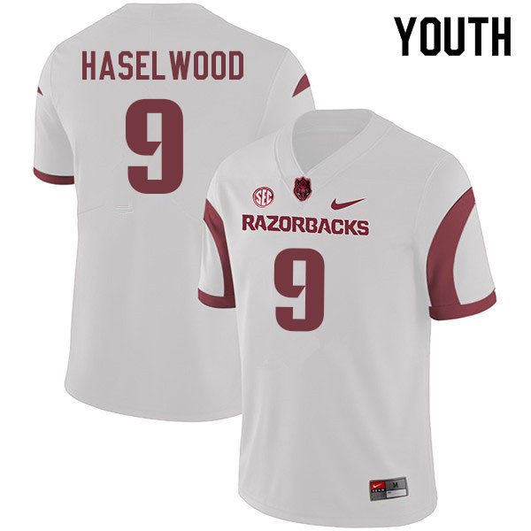 Youth #9 Jadon Haselwood Arkansas Razorbacks College Football Jerseys Sale-White - Click Image to Close